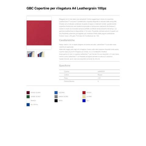 Copertine per rilegatura GBC Leathergrain in cartoncino goffrato rosso  conf da 100 copertine - CE040031